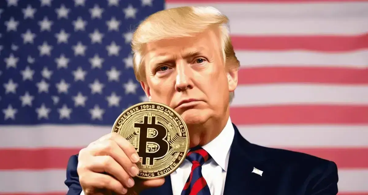Trump in suit in front of US flag holds Bitcoin token, symbolizing political support for crypto.