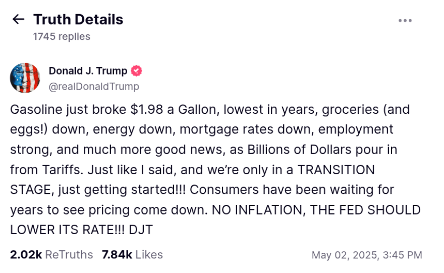Donald Trump's post highlights the drop in gasoline prices to $1.98, price reductions and calls for the Fed to cut interest rates, May 2, 2025.