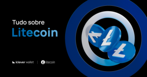 Imagem com o texto 'Tudo sobre Litecoin', mostrando três moedas digitais com o símbolo do Litecoin, ao lado das logos da Klever Wallet e Litecoin