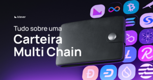 Carteira preta com logos de blockchains como Ethereum, Bitcoin e Solana, representando Carteira multi-chain da Klever Wallet.