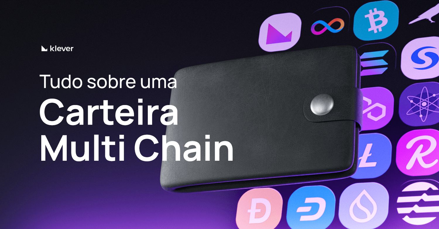 Carteira preta com logos de blockchains como Ethereum, Bitcoin e Solana, representando Carteira multi-chain da Klever Wallet.