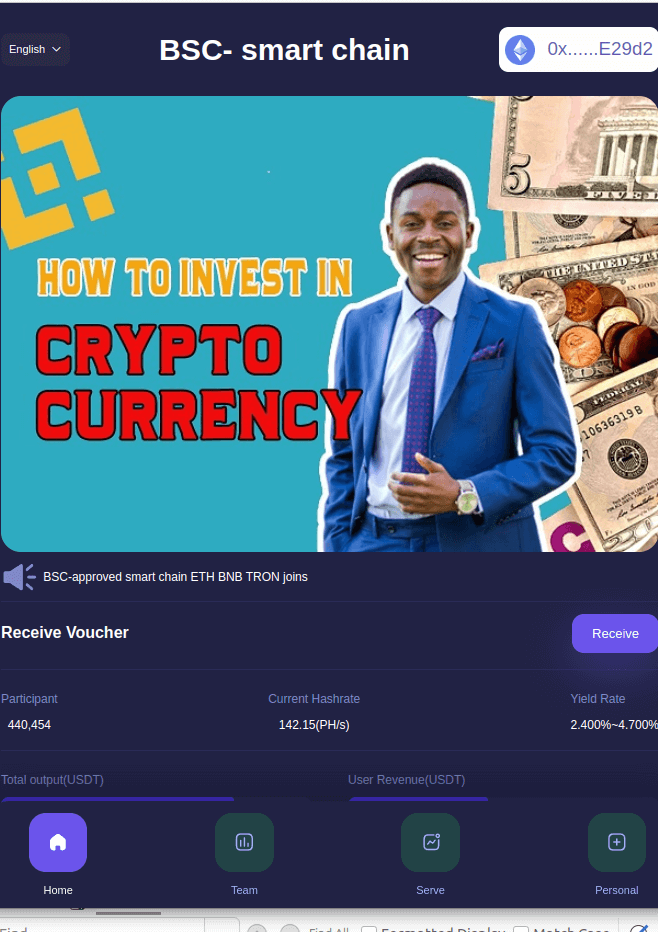Screenshot of a fake DeFi mining platform promoting cryptocurrency investment on BSC smart chain, featuring exaggerated yield rates and misleading visuals targeting new investors