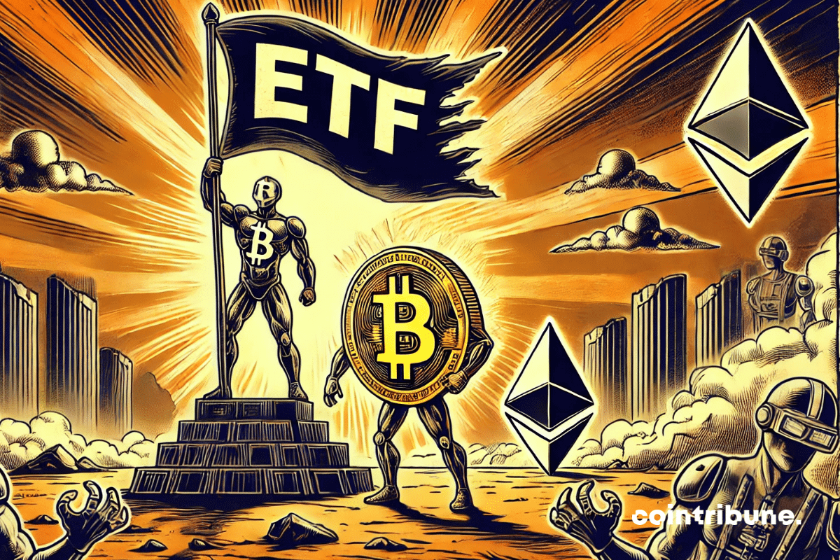 Futuristic-style artwork shows a heroic Bitcoin figure holding up an “ETF” flag, surrounded by Ethereum icons and an urban backdrop.