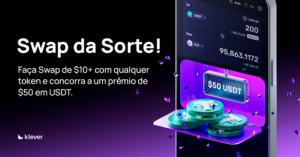 Campanha Klever Wallet Swap da Sorte: faça swap de $10+ e concorra a $50 em USDT direto na sua carteira cripto.