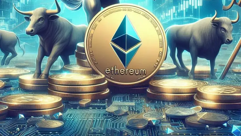 Artistic representation of Ethereum bullish trend, with bulls and stacked coins symbolizing optimism and rising ETH price in the crypto market.