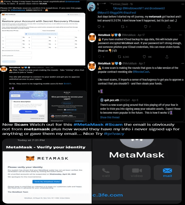 Screenshots of MetaMask scam alerts including phishing emails, fake MetaMask apps, and social media warnings about wallet credential theft attempts.