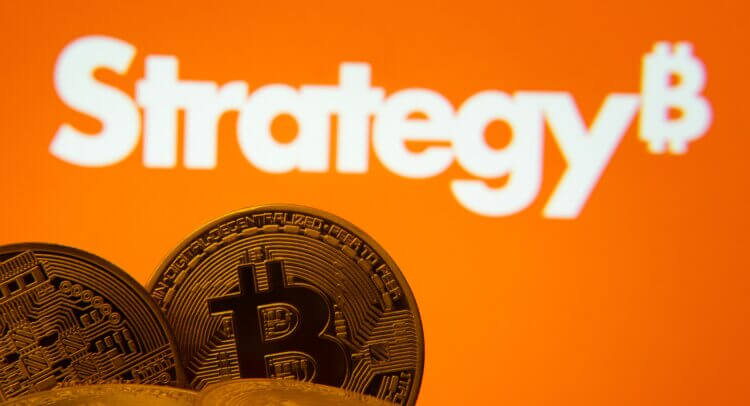 Three Bitcoin coins highlighted with the “Strategy₿” logo in the background in orange, representing crypto investment strategy.