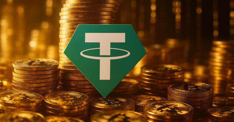Tether (USDT) logo displayed over stacks of golden coins, symbolizing the strength of the dollar-backed stablecoin in the crypto market.