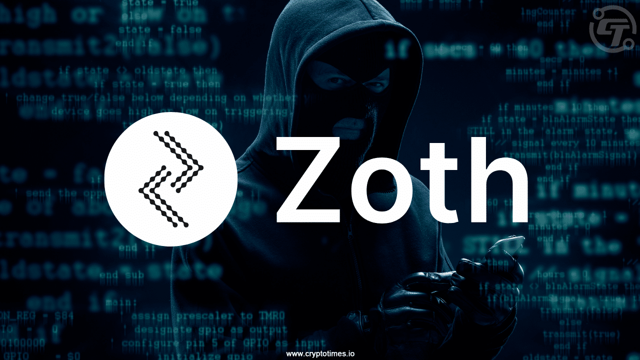 Image of a masked hacker figure behind the Zoth protocol logo, with code in the background, symbolizing the $8.4 million DeFi exploit affecting Zoth smart contracts