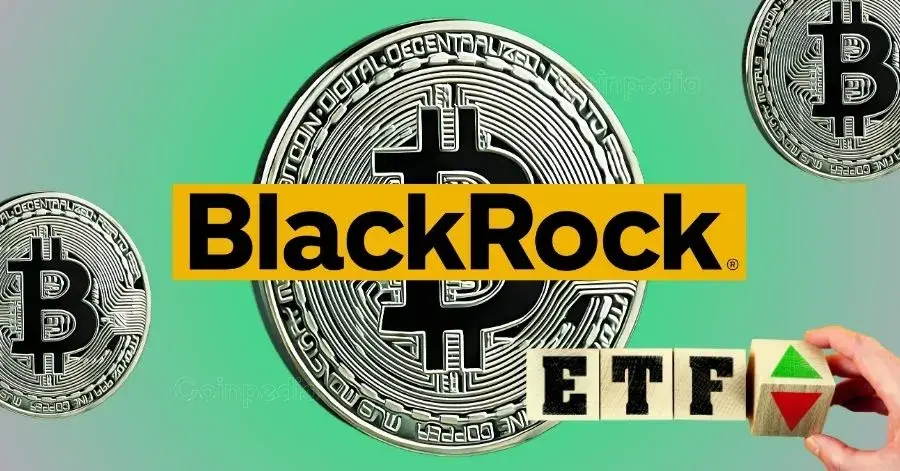 BlackRock logo over a Bitcoin coin, with wooden blocks spelling “ETF” and up/down arrows, representing the influence of Bitcoin ETFs on institutional investment strategies.