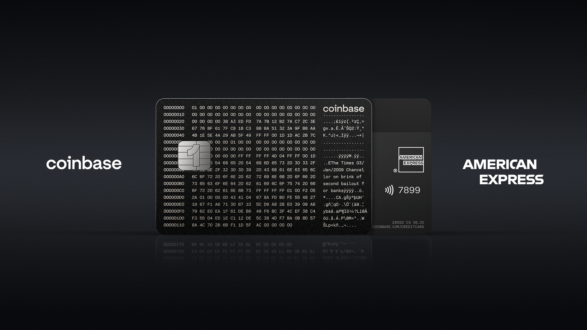 Coinbase American Express black card with hexadecimal code design, displayed on a dark background with logos of both brands.