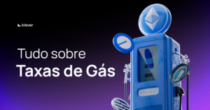 Ilustração de bomba de combustível com logos de Ethereum e L2s, simbolizando taxas de rede cripto em conteúdo da Klever sobre taxas de gas.